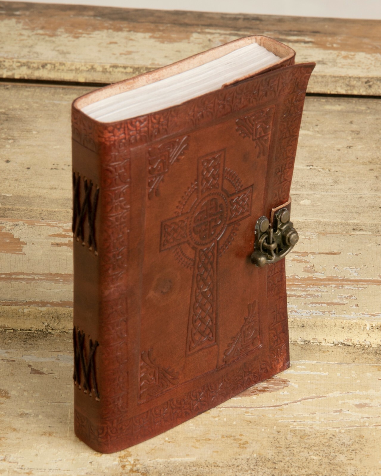 Leather Celtic Cross Journal w/ Lock/Latch ~ 200 5″x7″ ‘Vellum’ Pages Handmade