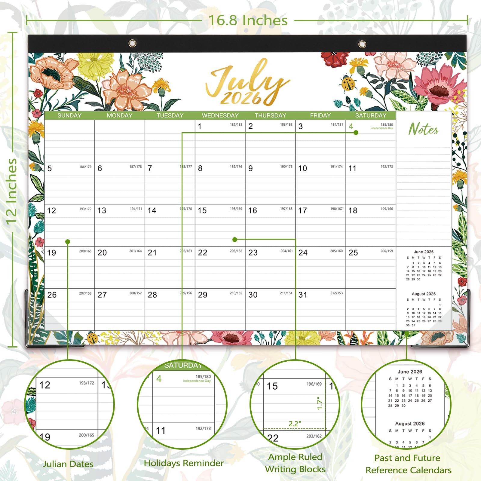 Desk Calendar 2026-2027 – Jul 2026 – Dec 17” x 12” – Flowers, Multicolor