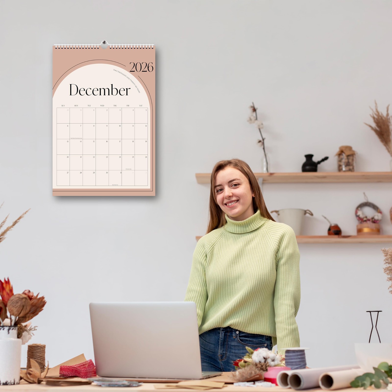 Aesthetic 2026 Wall Calendar – 12 Monthly Jan 2026-Dec 2026, Green Vertical