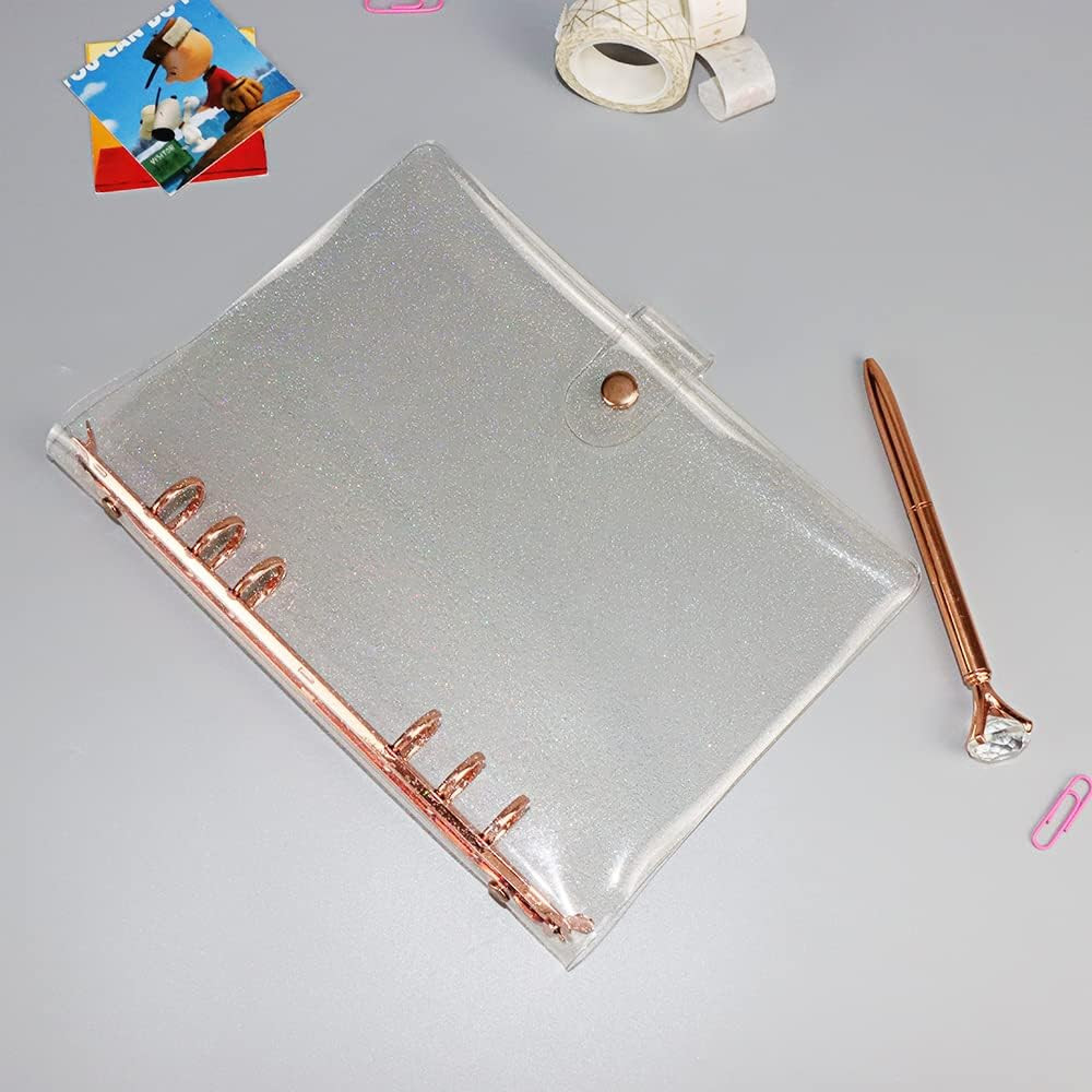 Personal A5 Binder Cover 6-Ring Planner Cover Clear Glitter PVC Refillable No…