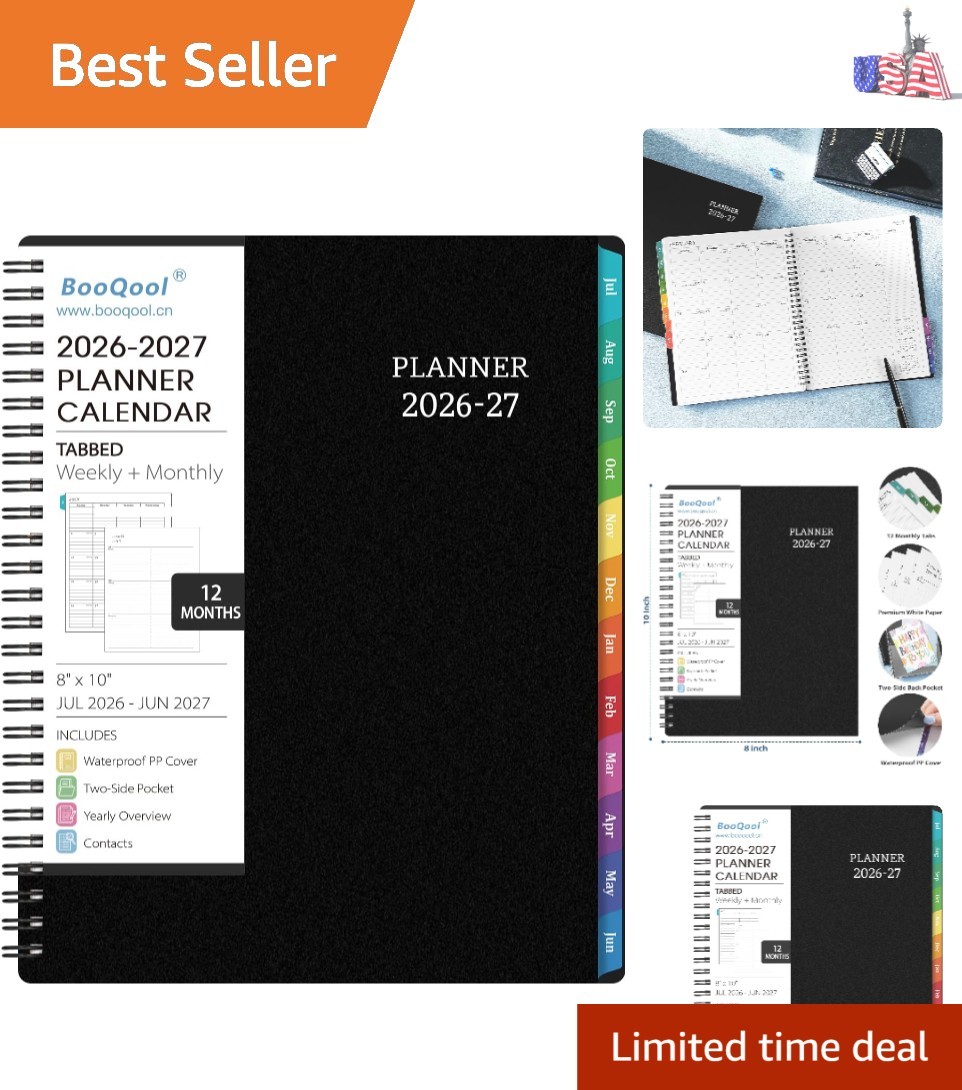 2026-2027 Planner for Academic Use – Black Waterproof Cover, Wirebound, 8″ x 10″