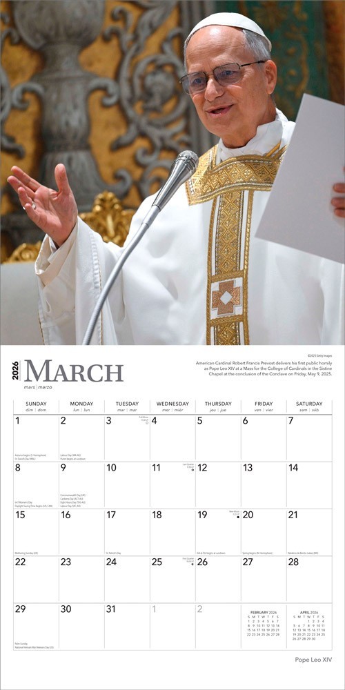 Pope Leo XIV | 2026 12×24″ (Hanging) Monthly Square Wall Calendar