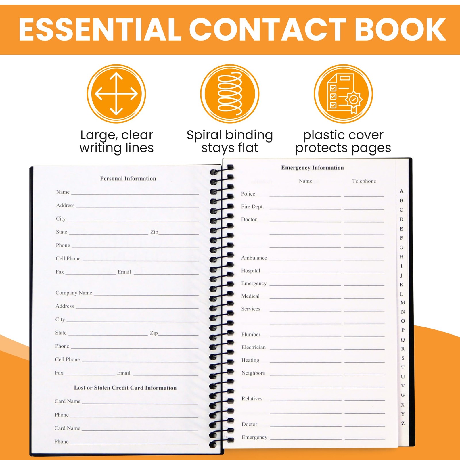 Iconikal Spiral-Bound Address and Telephone Book with Plastic Cover, Black