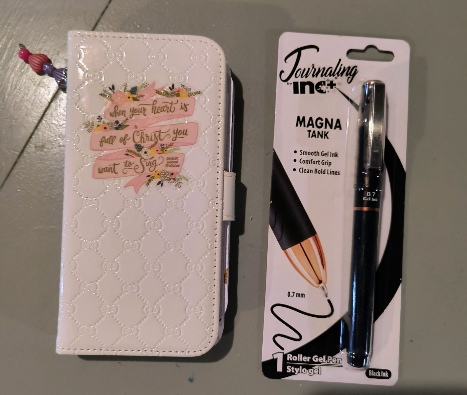 small upcycled phone case junk journal white religious theme with pen