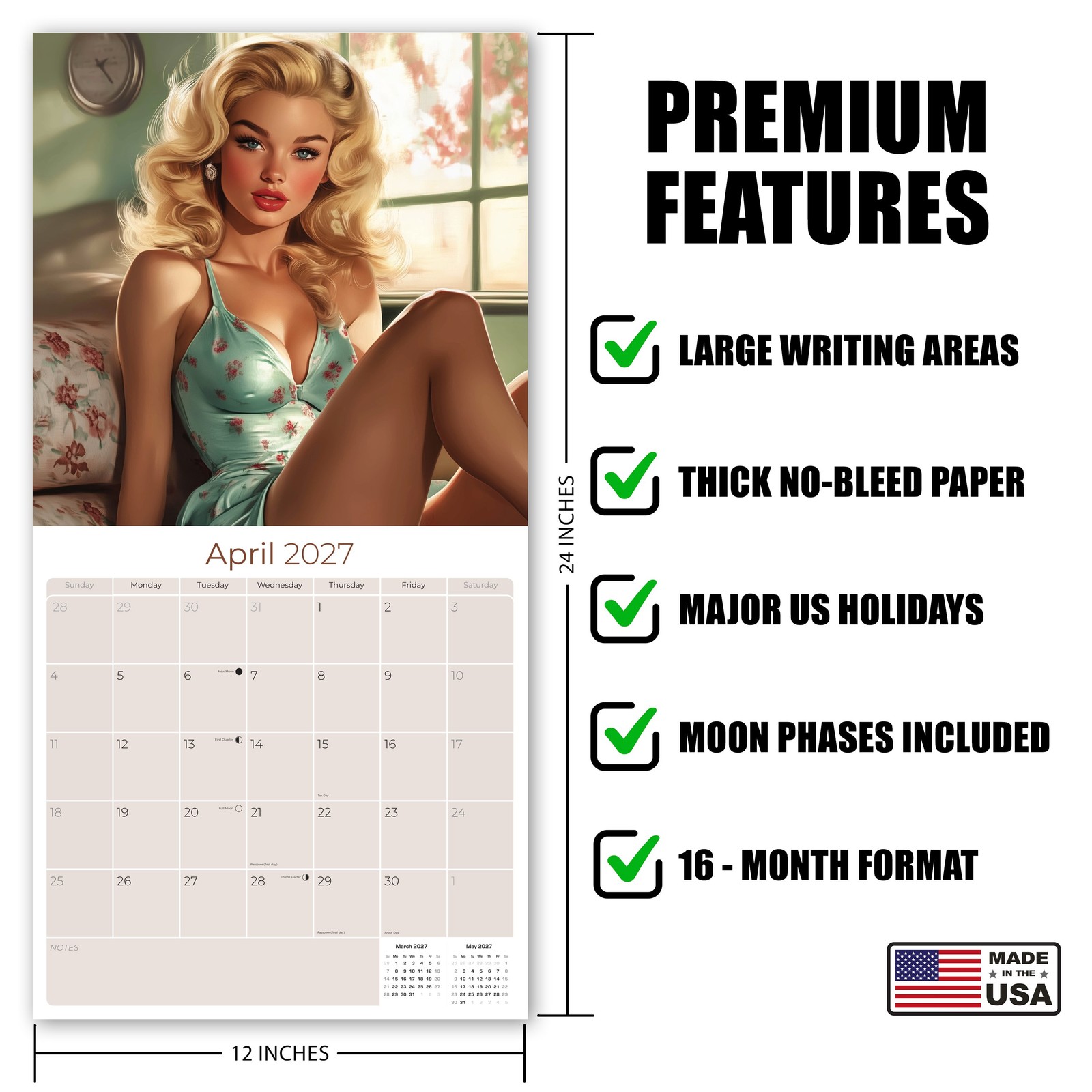 Retro Pin Ups Wall Calendar 2025 FULL SIZE 12×24 Made in USA