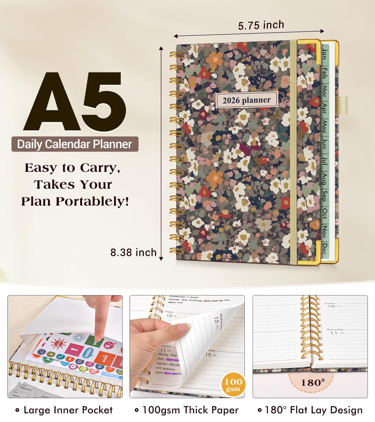 2026 Planner, Hardcover Weekly and Monthly Planner for Women, A5, Petals