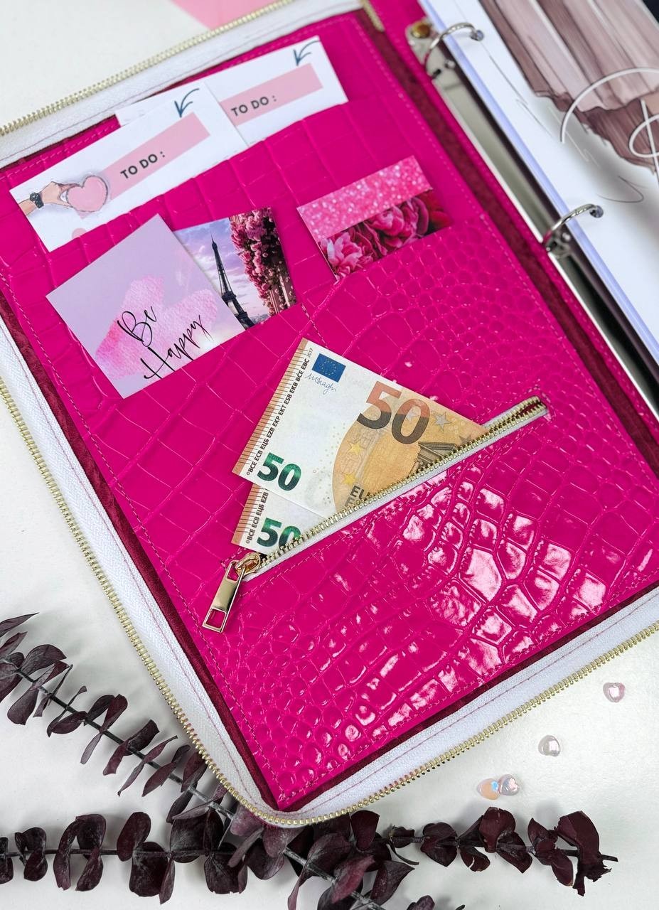 Italian Leather A4 Portfolio. Pink A4 planner Zippered Binder.