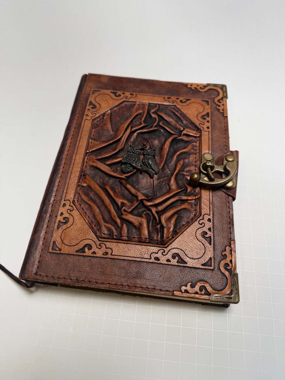 Blank aesthetic leather writing book with Owls and Padlock – English