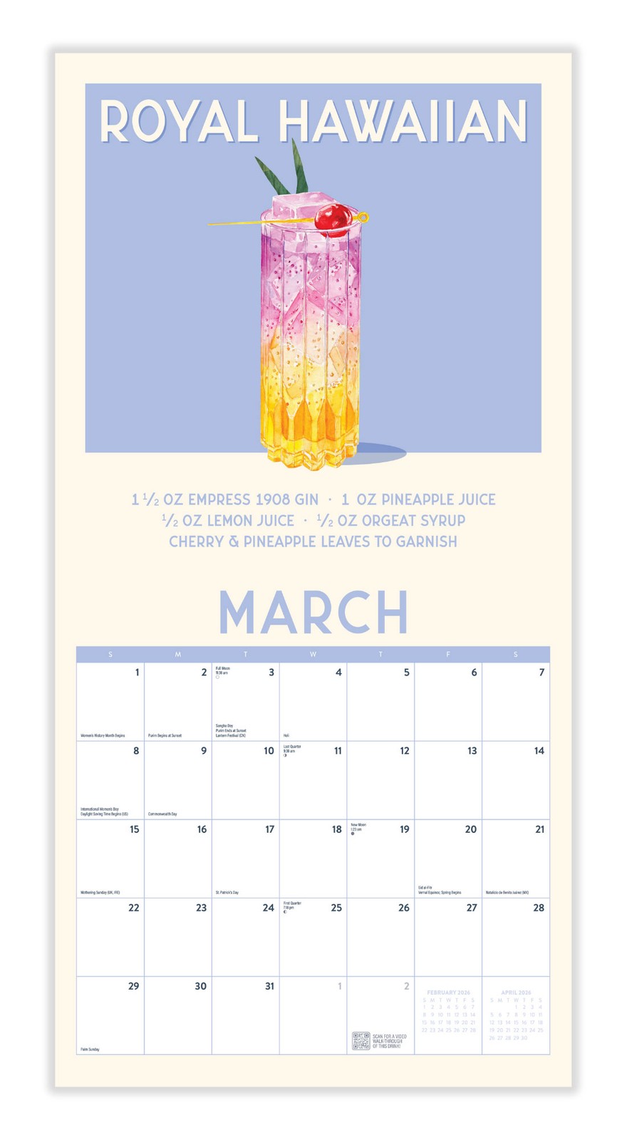 Cocktails Calendar 2026 | 12″ x 24″ 12 Month Calendar | Marble City Press