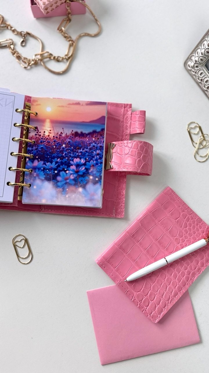 Owl Leather Mini Planner Set – Pocket Size A7 binder 6 rings– pink Croc Embossed