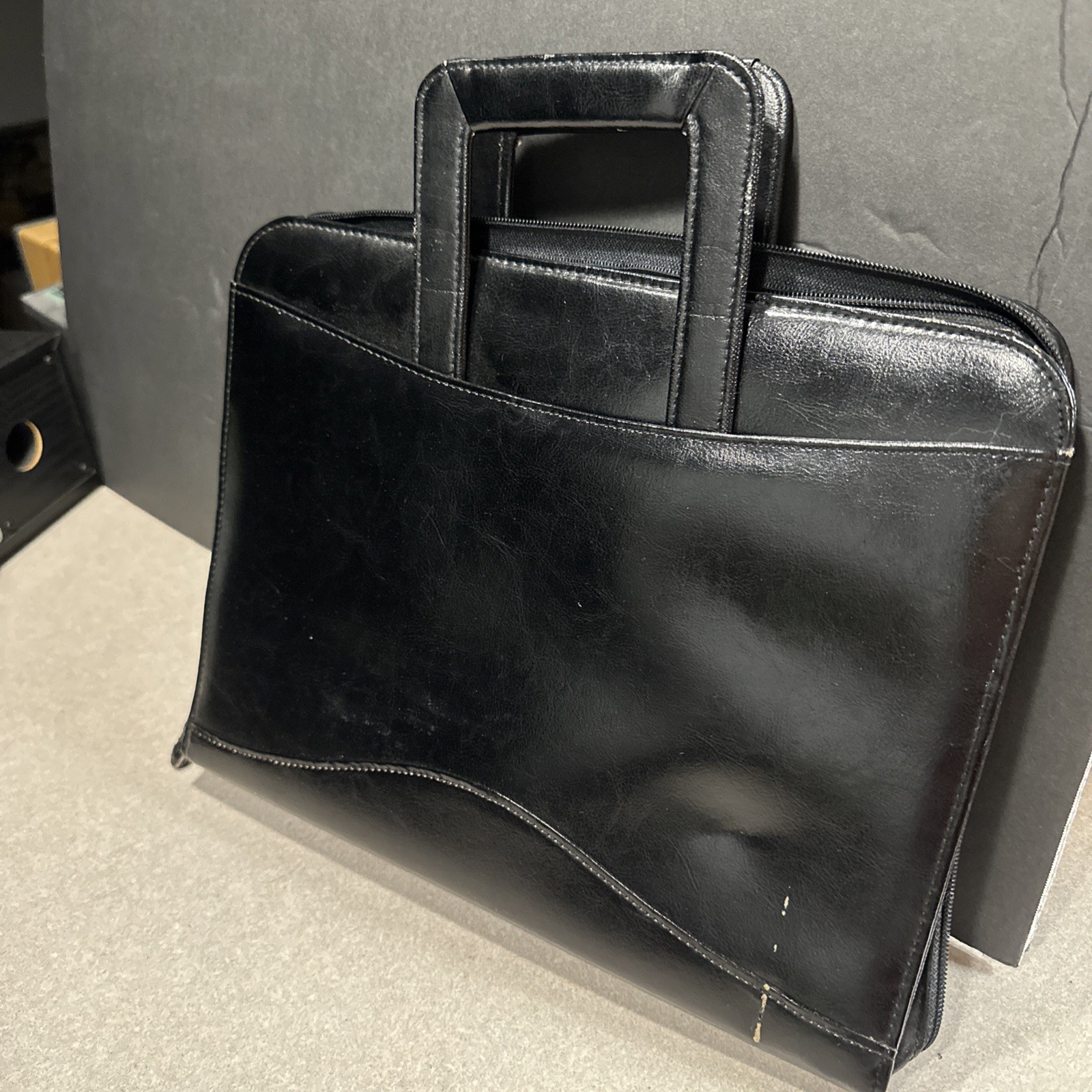 Vintage 1994 90s Black LEATHER 3 RING BINDER/NOTE BOOK Organizer Briefcase