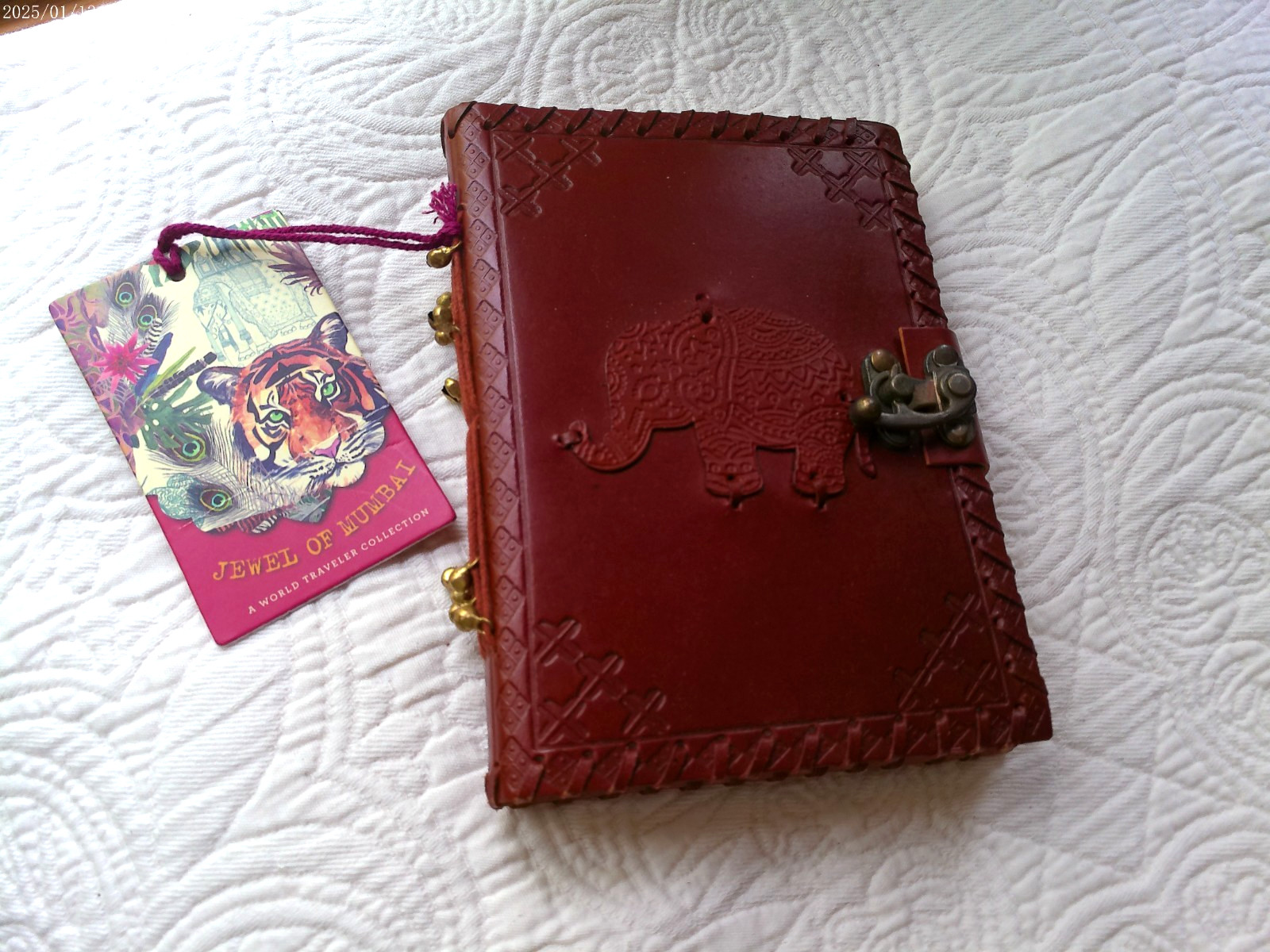 JEWEL OF MUMBAI HANDMADE LEATHER JOURNAL ELEPHANT METAL LATCH 144 LINED PAGES B