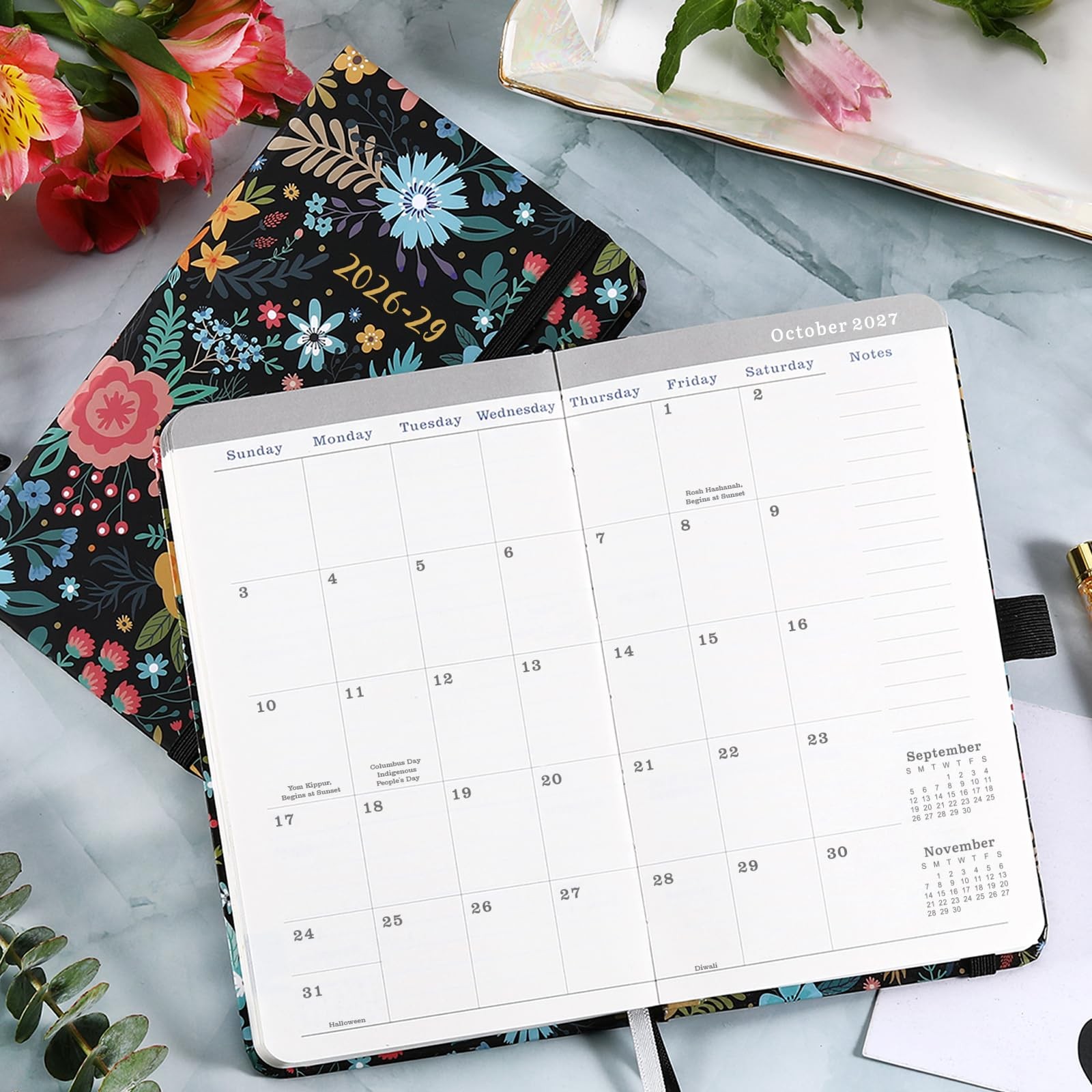 2026-2029 Pocket Planner/Calendar – Monthly 3 Year, Matte Black and Bloom