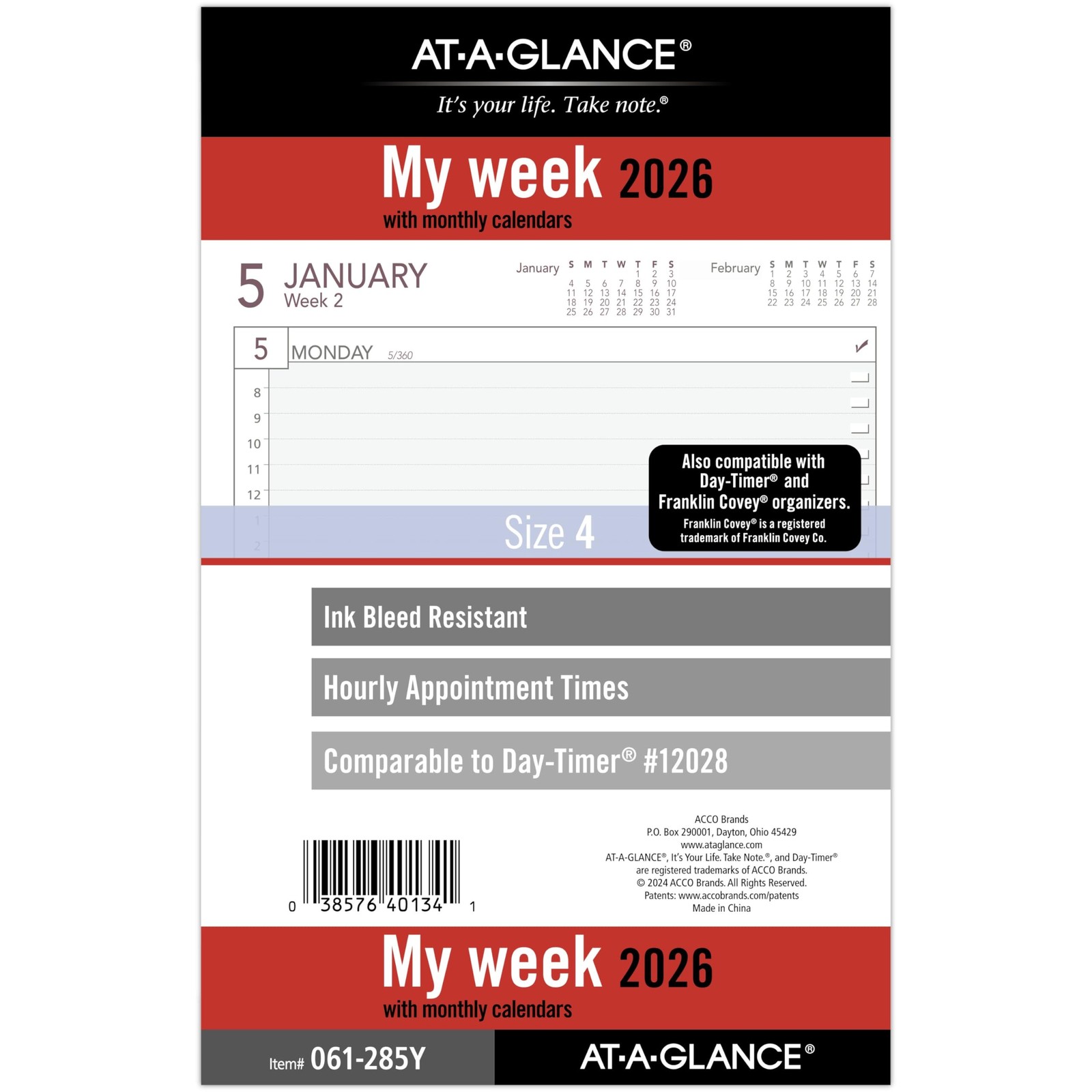 AT-A-GLANCE 2026 Planner Refill, Weekly, 5-1/2″ x 8-1/2″, Size 4 Desk, White