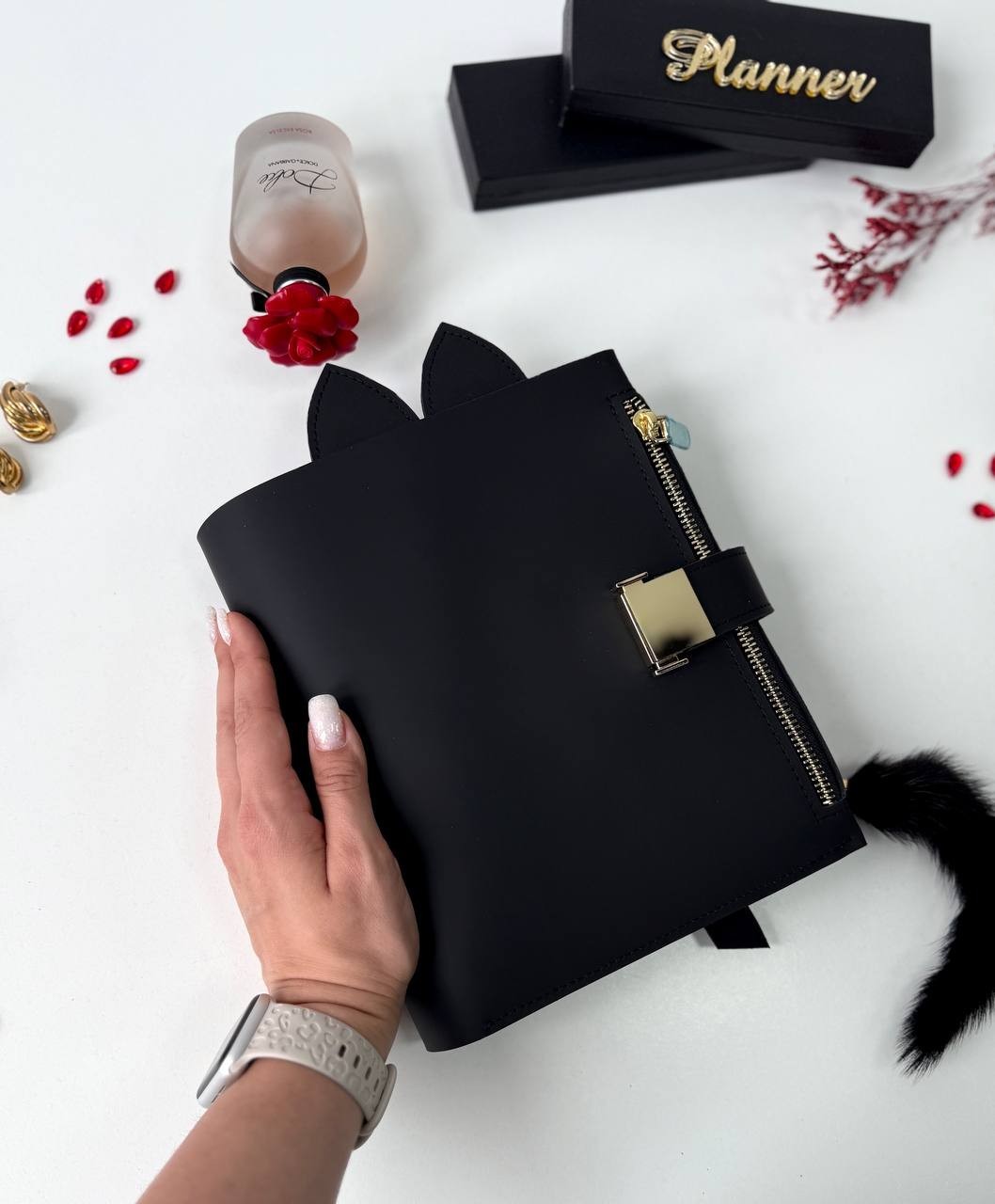 Cat Leather notebook cover A5 big binder 6 rings. Leather planner binder A5.