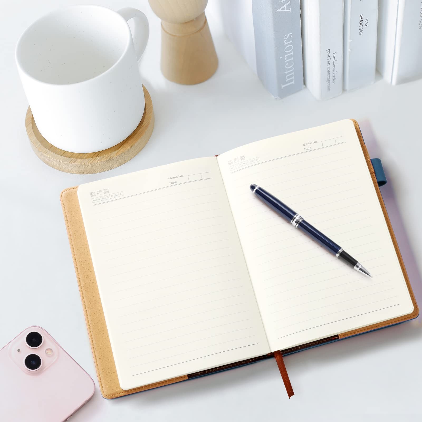 A5 Lined Leather Journal with Pen, 240 Pages Paper, Navy blue