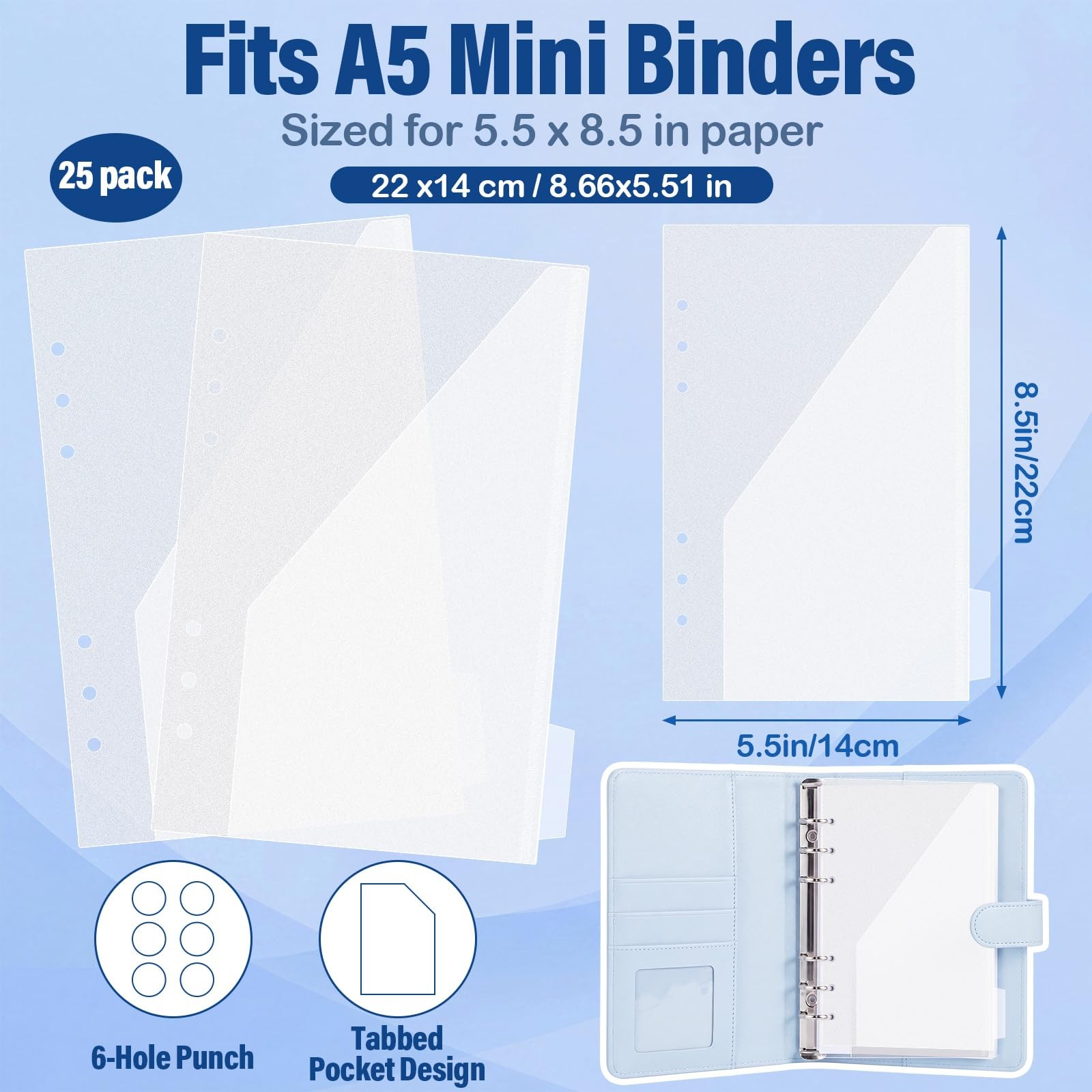 25 Pcs Mini Binder Divider Pockets 5.5 x 8.5 Inches 6 Hole Clear Binder Pouch…
