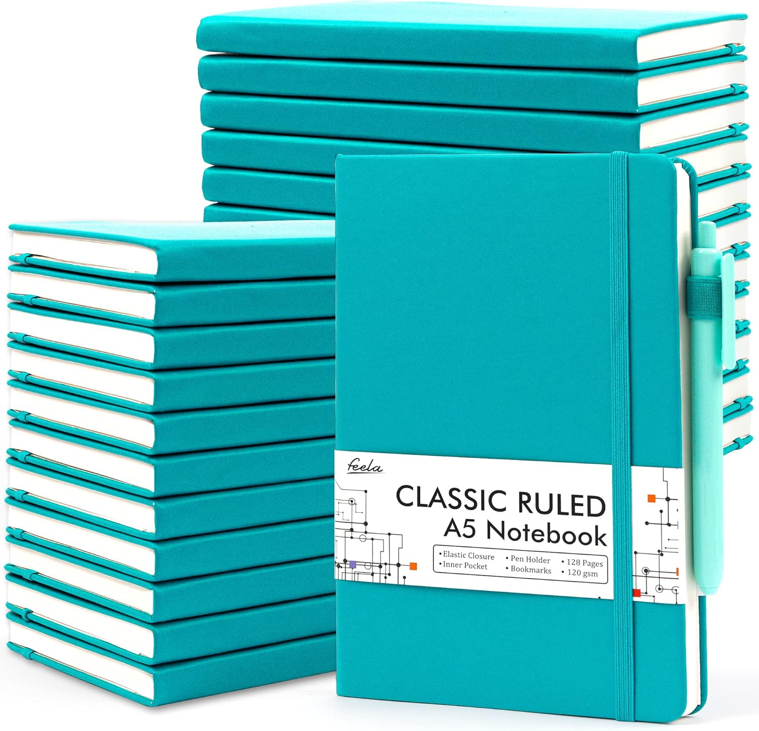 24 Pack Emerald Hardcover Journals with Pens, Lined A5 Notebooks for Work