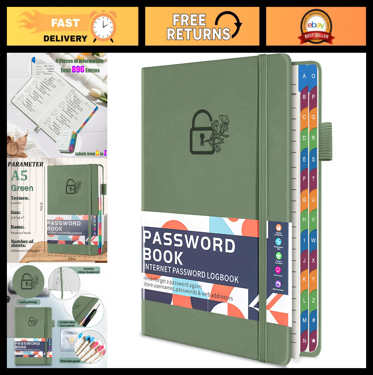 Colorful Password Keeper Log Book with Tabs – 200 Pages Password Organizer Noteb