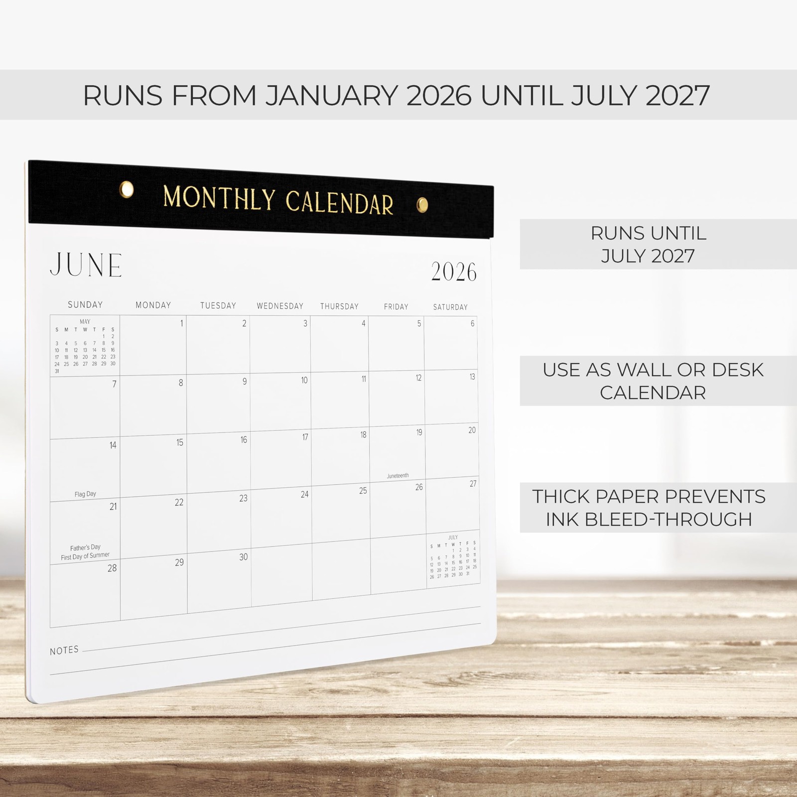 Aesthetic 2026-2027 Desk Calendar – Runs From January 2026 Until July Black