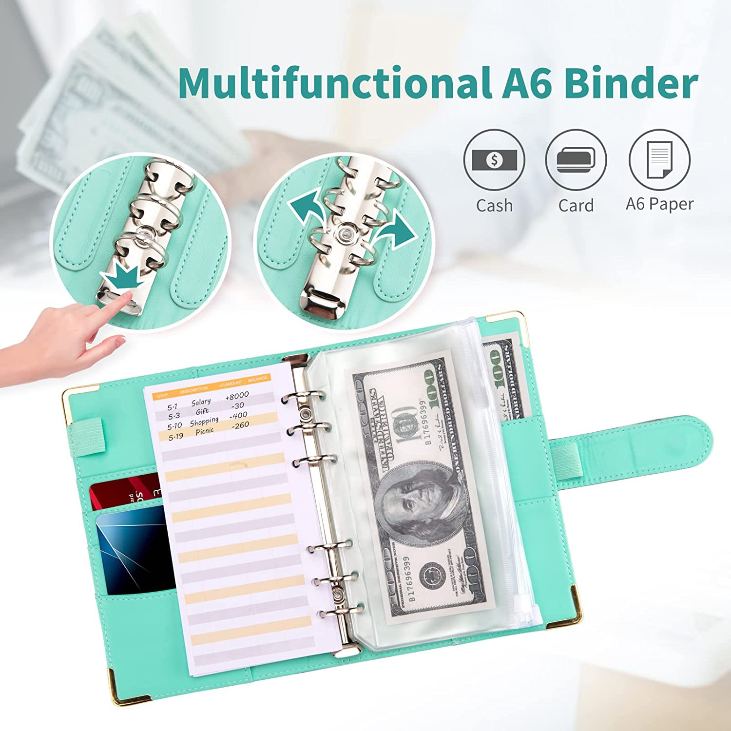 Budget Binder A6 Marble PU Leather Binder Money Organizer Cash Envelopes