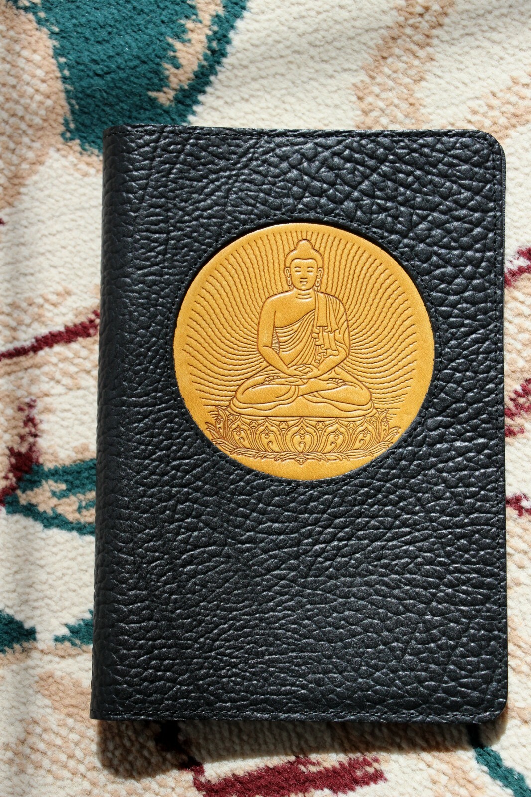 Oberon Design Leather Journal Cover 6″ x 9″ BUDDHA Icon in Black/Marigold