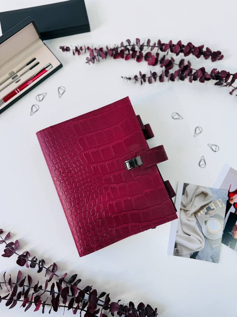 Burgundy Leather notebook cover A5 model 3in1 organizer.Lather planner binder.