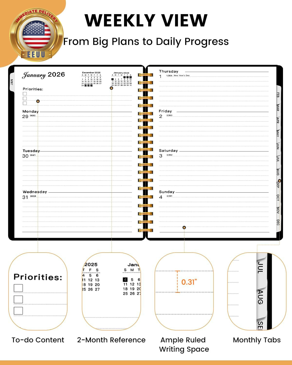 2026 Planner Weekly and Monthly, 8.8″X11.5″ Large Spiral Yearly Notebook with J