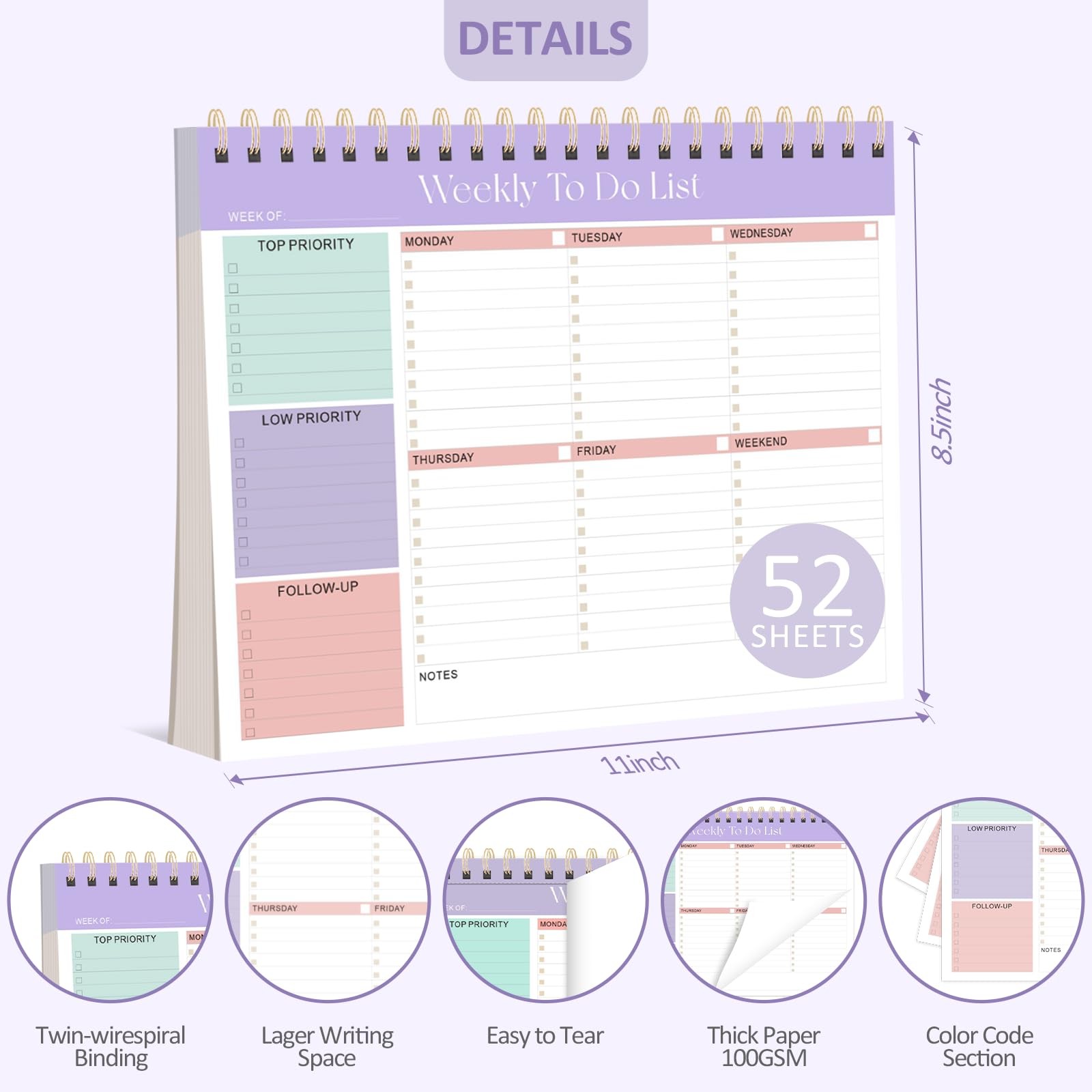 Weekly To Do List Notepad, 52 Undated Sheets Letter (8.5 x 11 inches), Purple