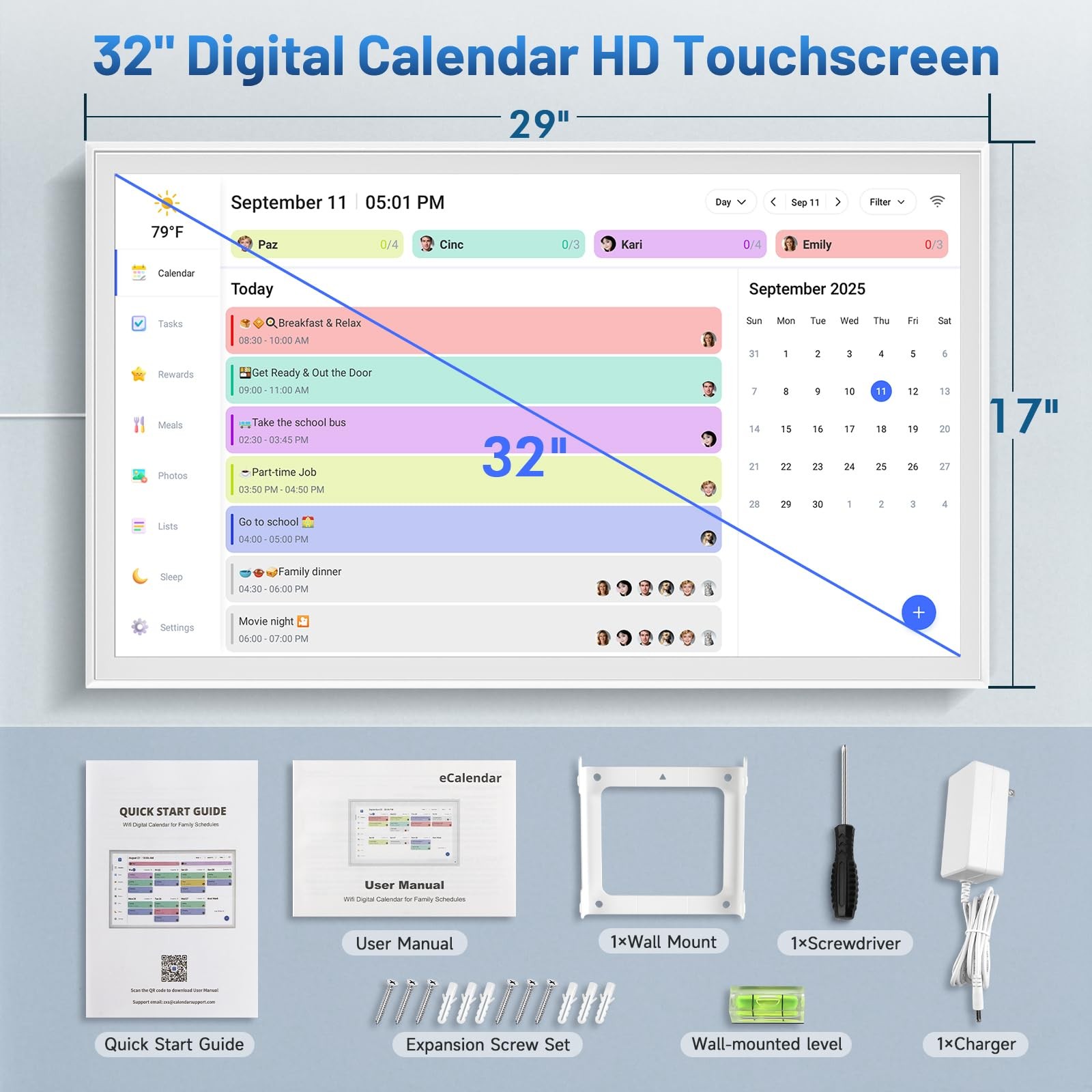 32 Inch Digital Calendar, Electronic Chore Chart, Smart Weekly and White-32in