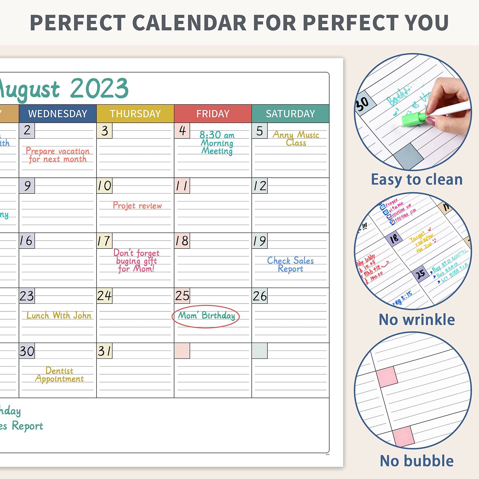 Large Dry Erase Calendar for Wall – Undated Calendar, MULTICOLORED2