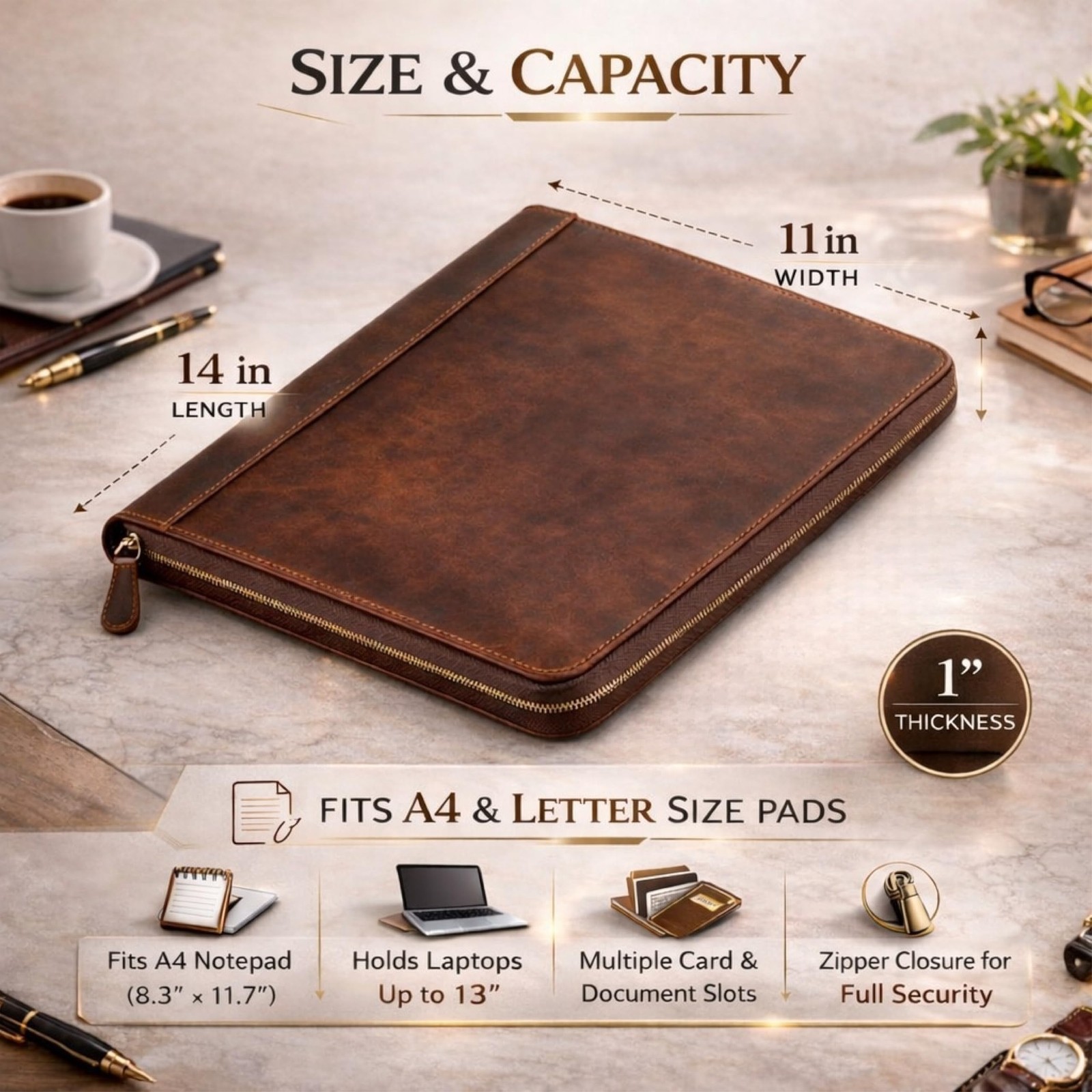 Genuine Leather Padfolio Zipper Portfolio with 13 Inch Laptop Pocket, Profess…