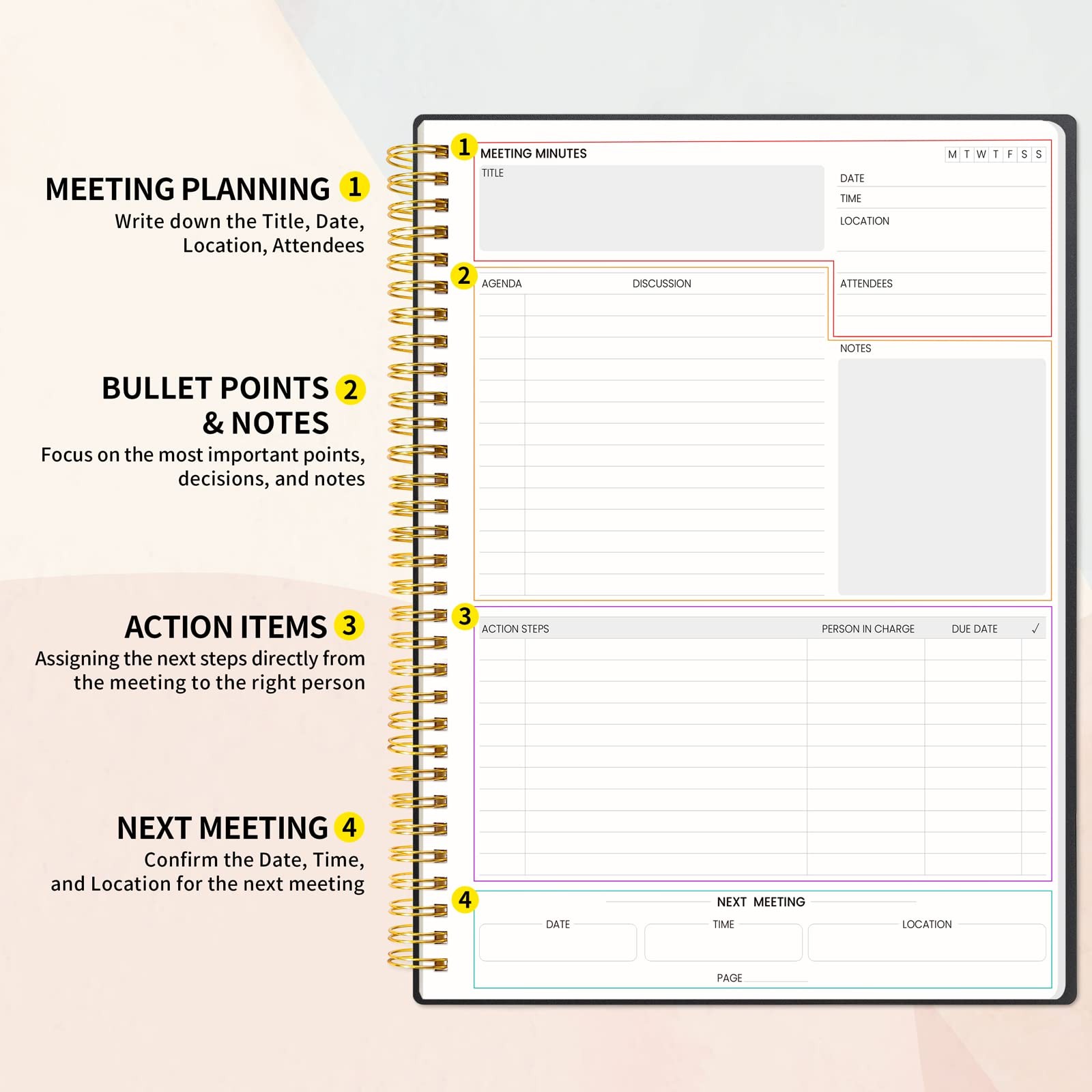 SUNEE Meeting Notebook for Work with Sticky Tabs – 160 Pages, 8.5″x11″, Black