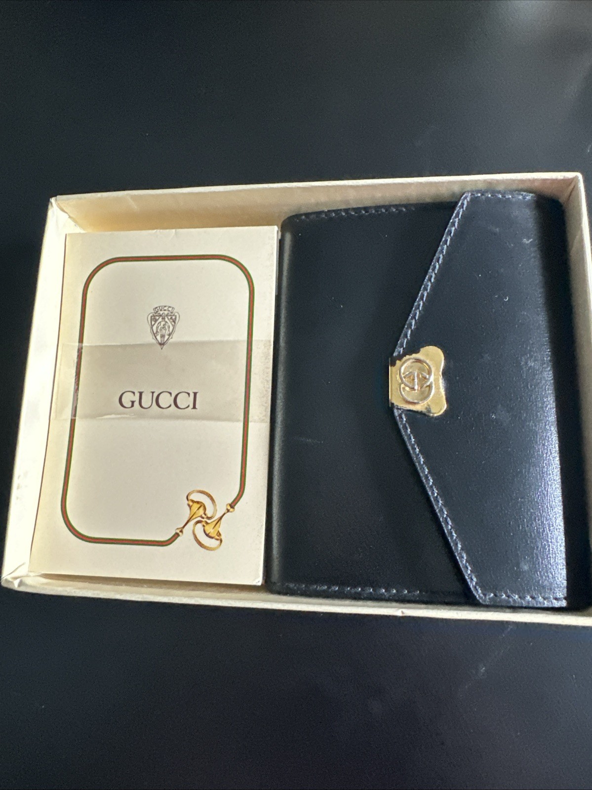 Vintage GUCCI Black Leather Pocket Diary Notebook Cover Set Pen Box Crest Rare