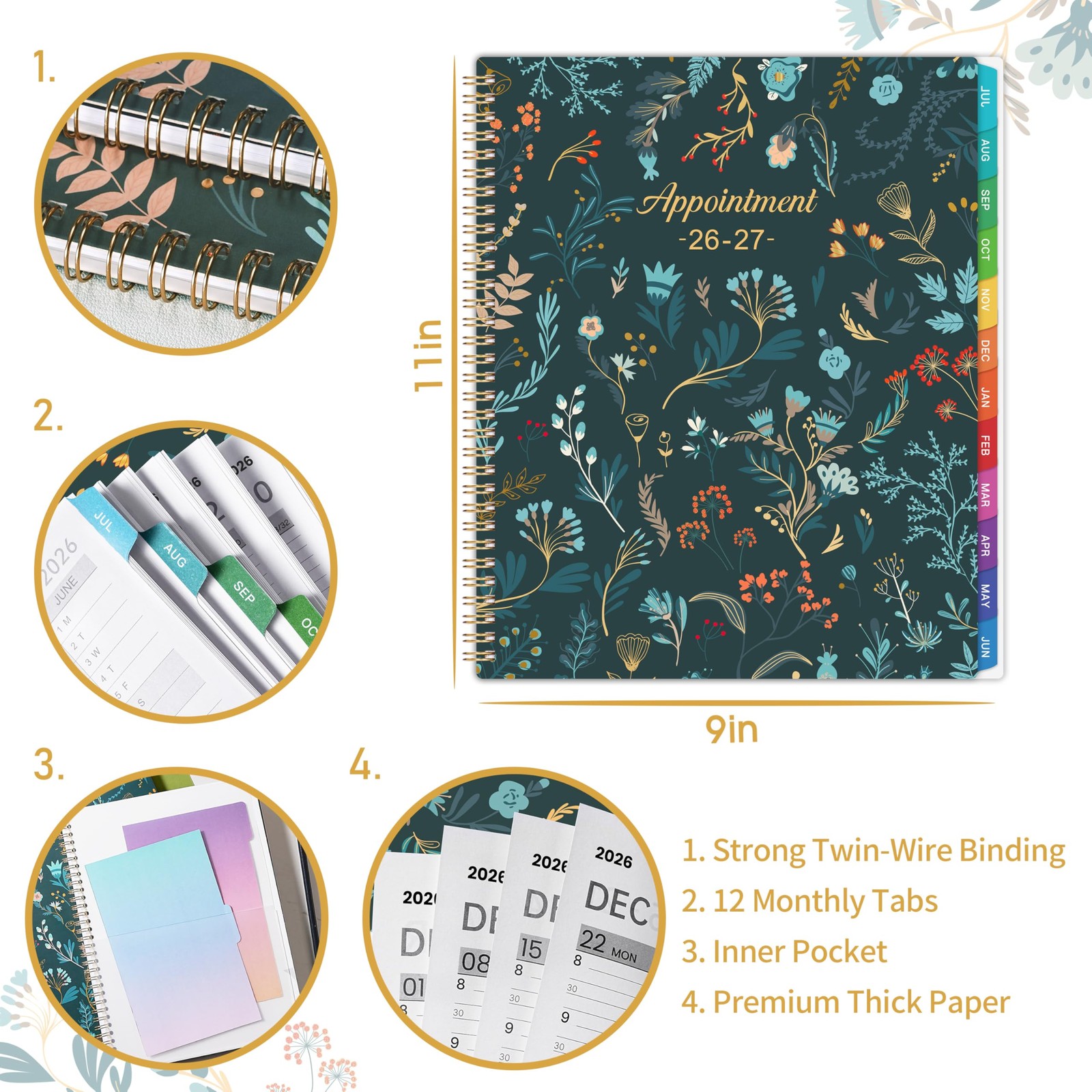 Appointment Book 2026-2027 – Daily Hourly Planner 8.5″ x 11″, Green Leaves 2