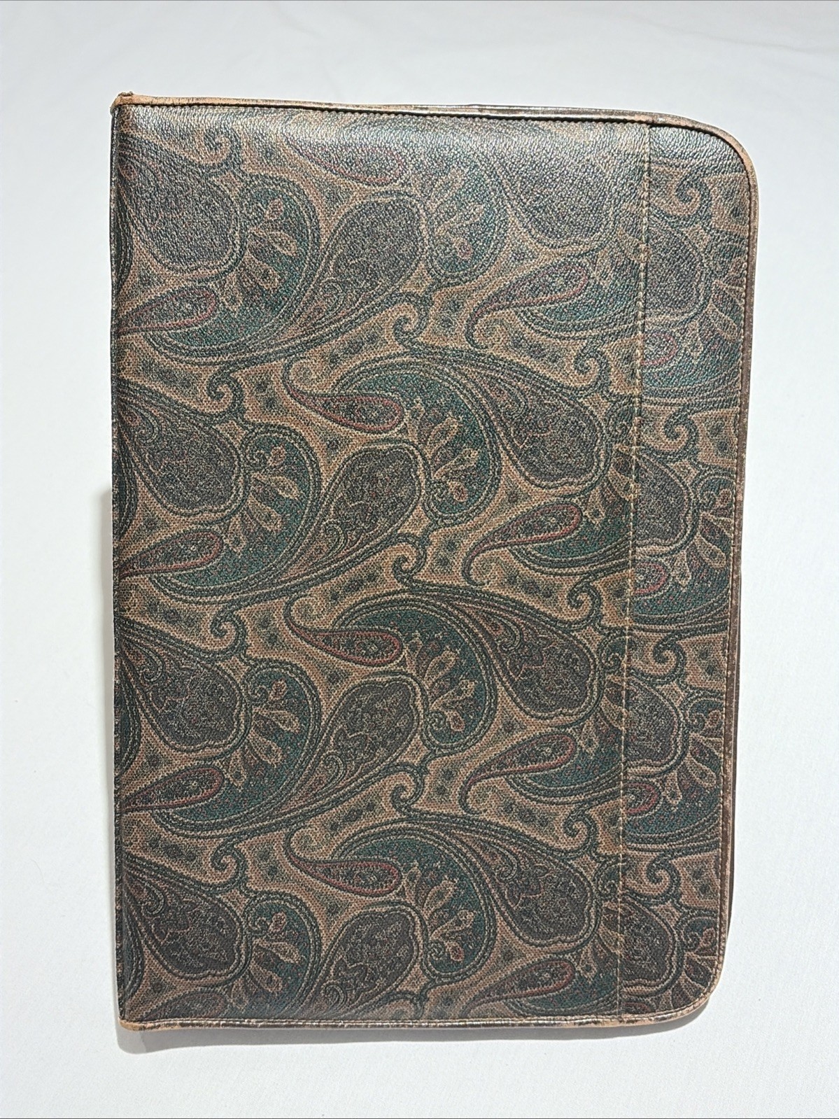 Vtg Liz Claiborne Portfolio Organizer Case Paisley Brown Leather Trim Zip -F430