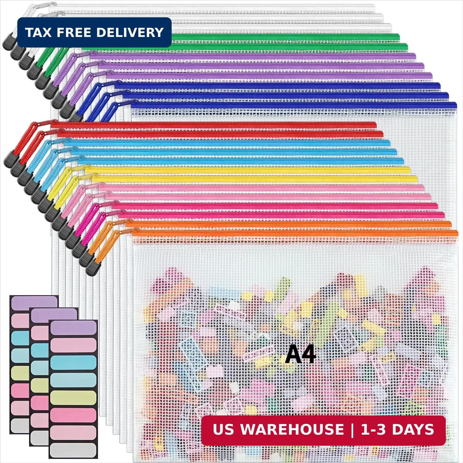 JARLINK A4 Letter Size 24 Pack 10 Colors Zipper Mesh Document Pouch, Mesh Bags f