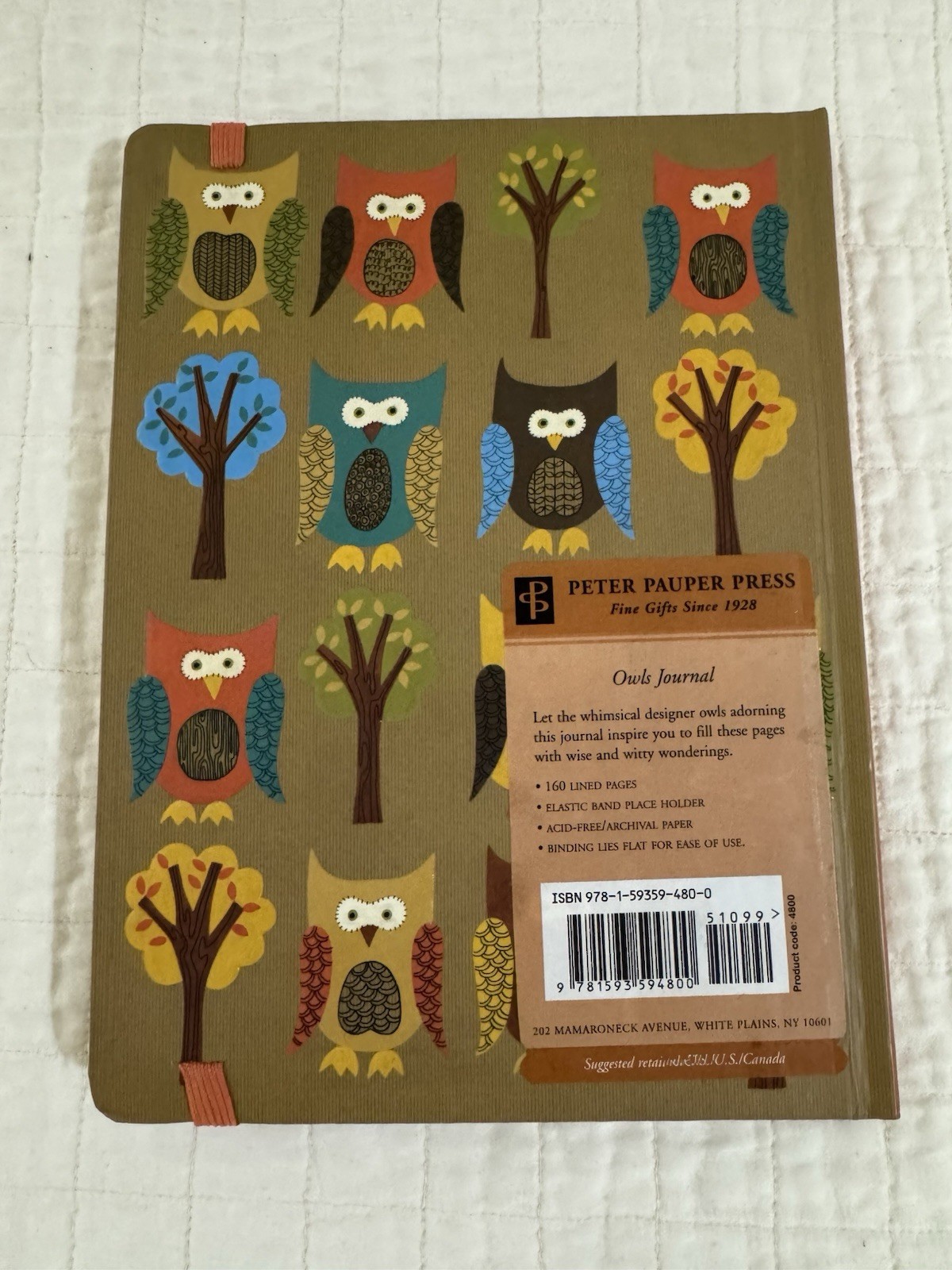 Peter Pauper Press Owls Journal Cardboard Cover Elastic Band Acid-Free Paper New