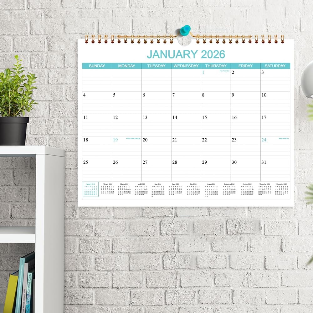 Calendar 2026-2027 – Wall Runs Apr 2026 14.5″ x 11.5″ Teal, Holiday