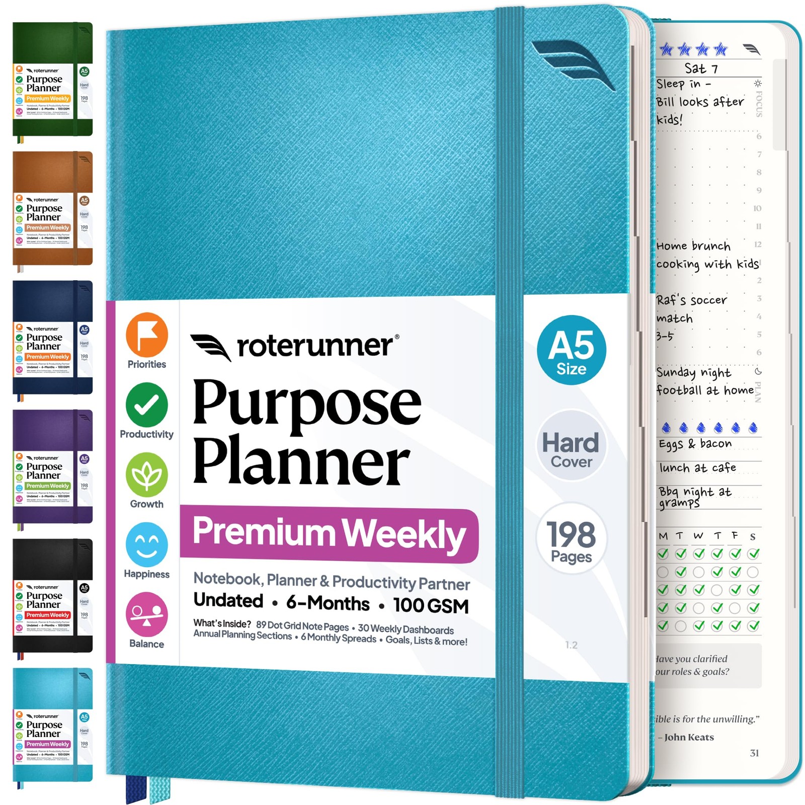 Roterunner Purpose Planner Notebook A5 5.8”x8.3” Undated Hardcover, Teal