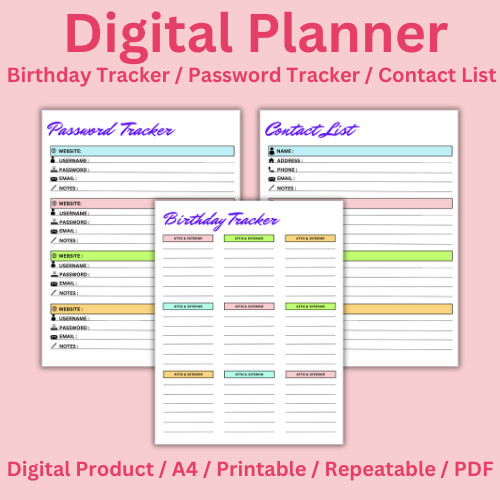 Birthday, Password, Contact List Goodnotes iPad Planner Digital Journal Pdf