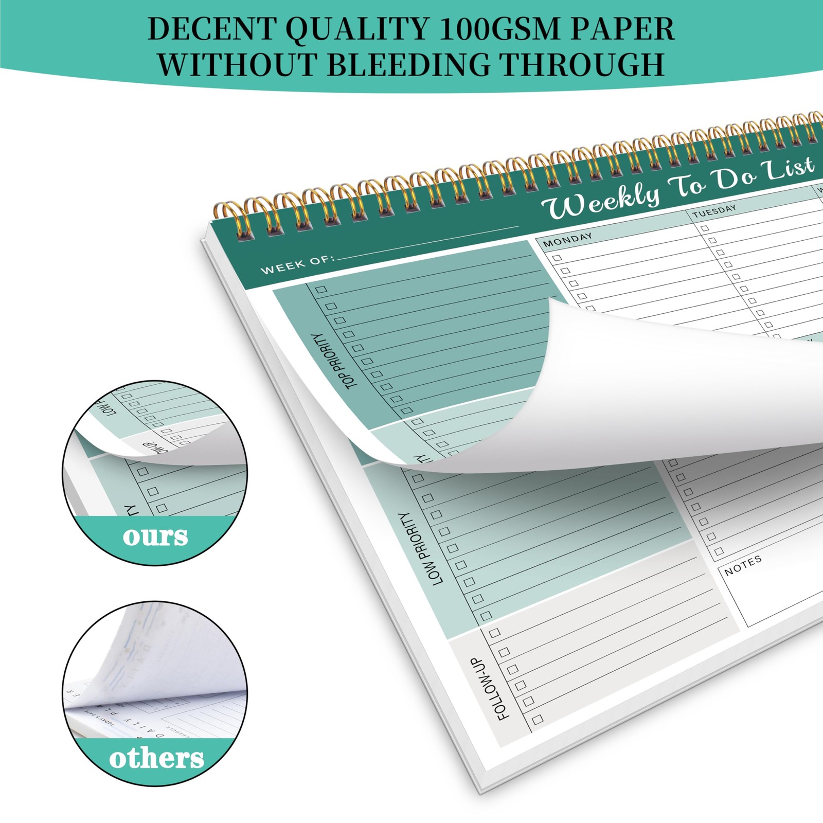 Kamoy Weekly To Do List Notepad with 52 Undated Sheets（8.5″×11″）- Green