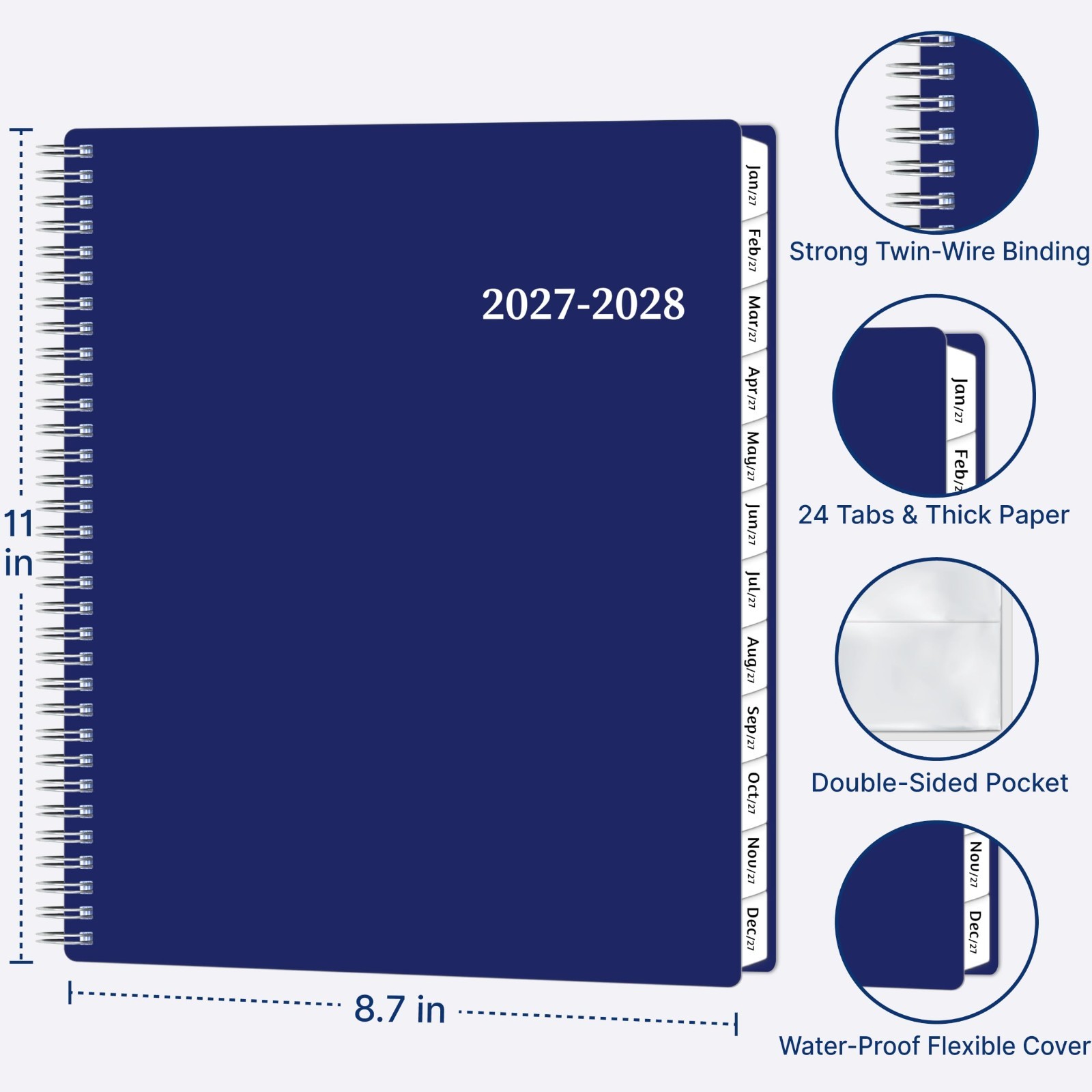 2027-2028 Large Monthly Planner – 2 Year Calendar, Spiral Agenda, 24 Months, Tab