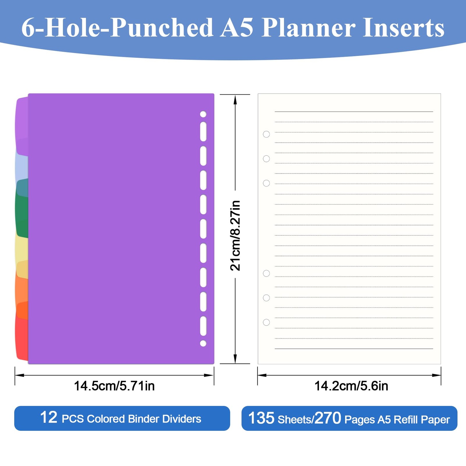 Antner A5 Lined Refill Paper 6 Hole Planner Inserts Wide Ruled