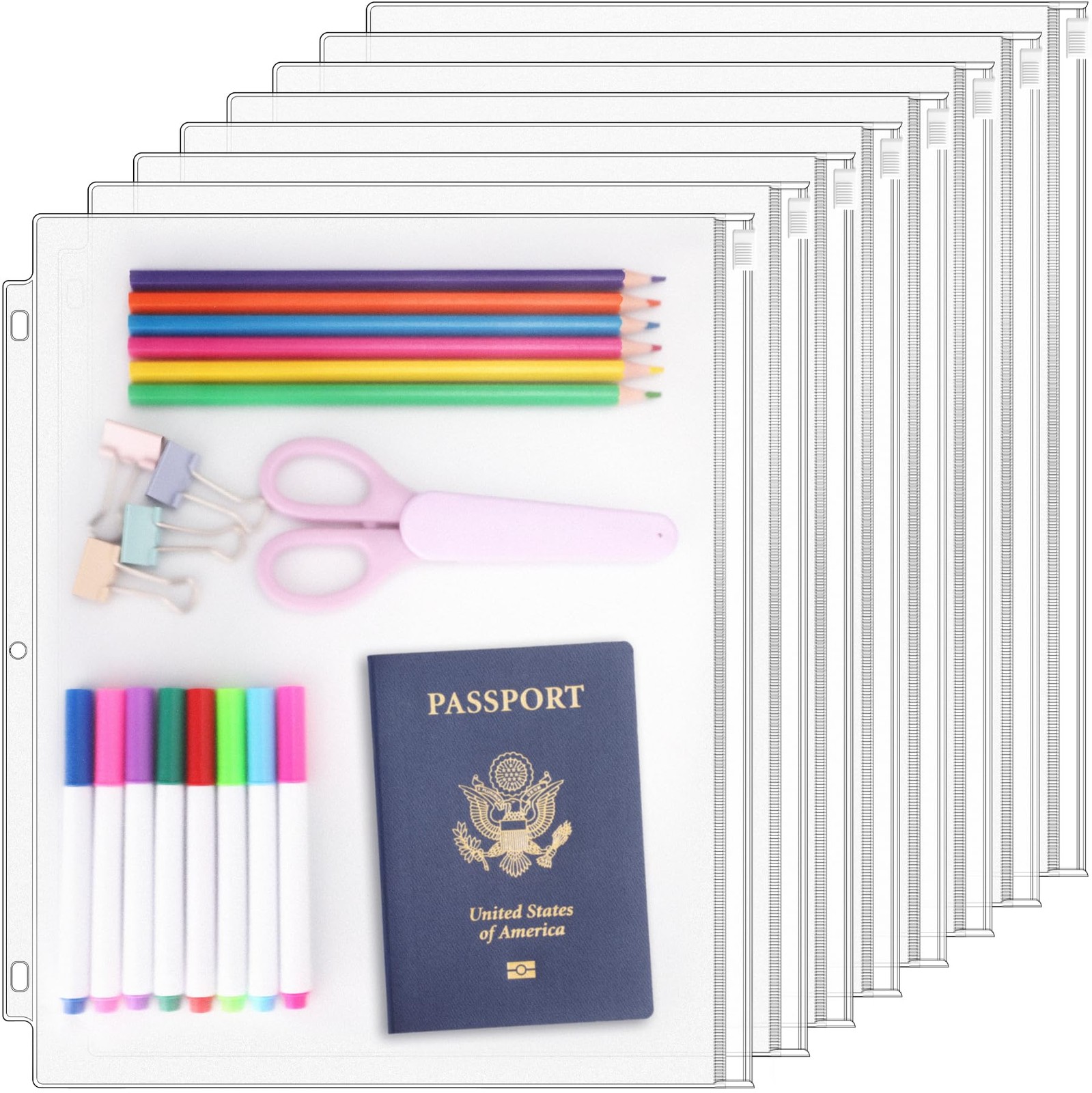 8 Pack Clear Letter Size Binder Pockets 3 Ring Binder Zipper Pouch Document O…