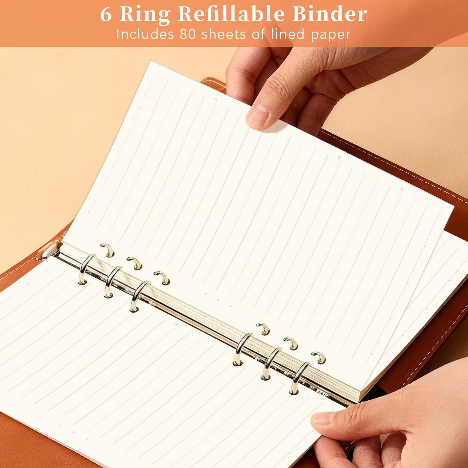 Acuxiaza A5 Binder 6 Ring Refillable Planner Notebook, PU Leather Brown