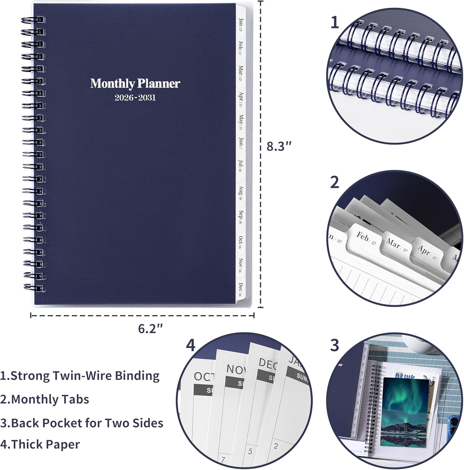 5 Year Planner 2026-2030 Monthly Calendar 6.4×8.5 Tabs Pocket Notes Pages New US