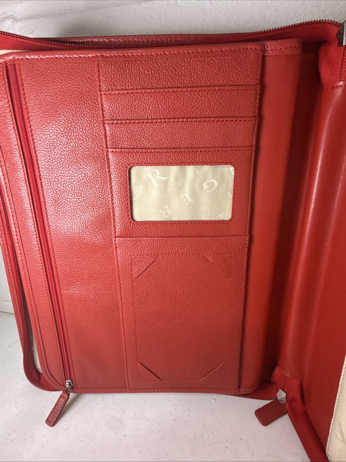 Levenger 12″ x 13.5″ Red Leather Zip Around Folio Portfolio Padded Handle