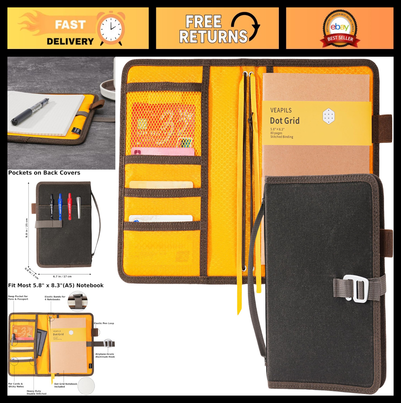 A5 Travel Journal Notebook Cover – Water Resistant Waxed Canvas with Pen Holder,