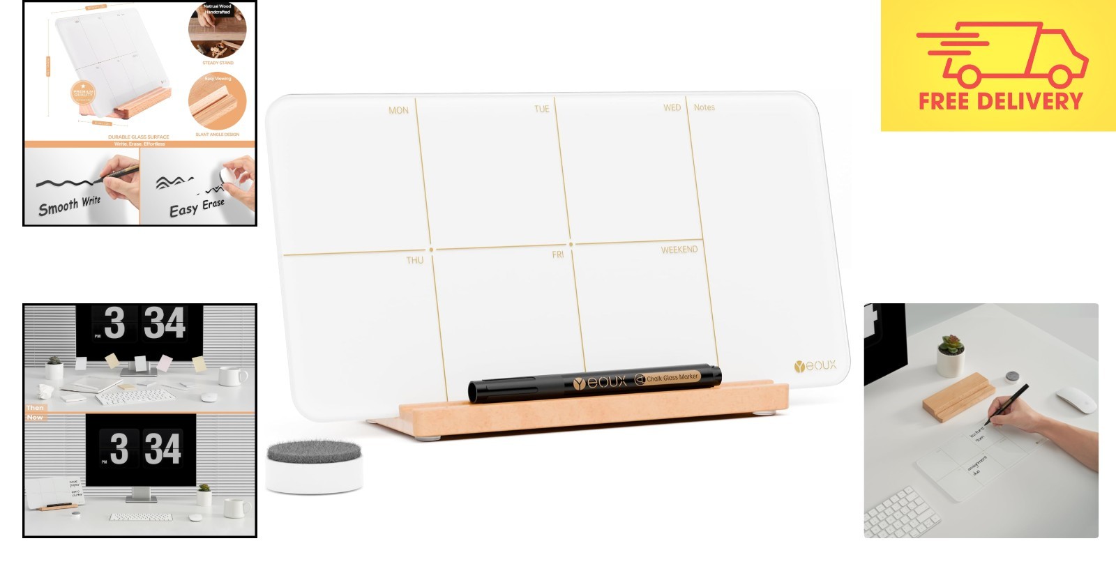 Elegant 12×6 Desktop Glass Weekly Planner Whiteboard – Includes Marker & Eraser